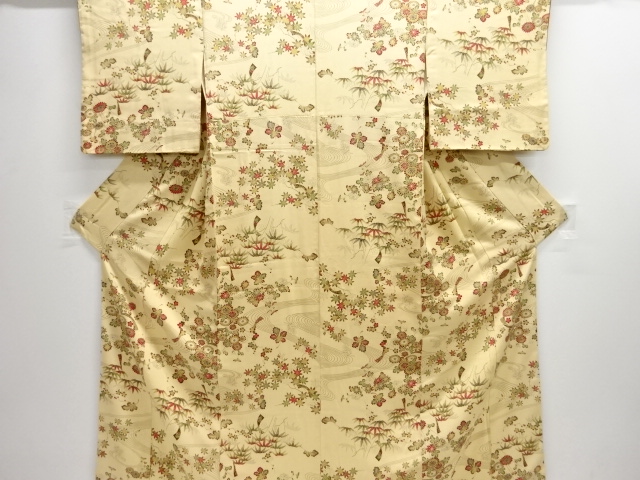 流水に笹・花模様小紋着物